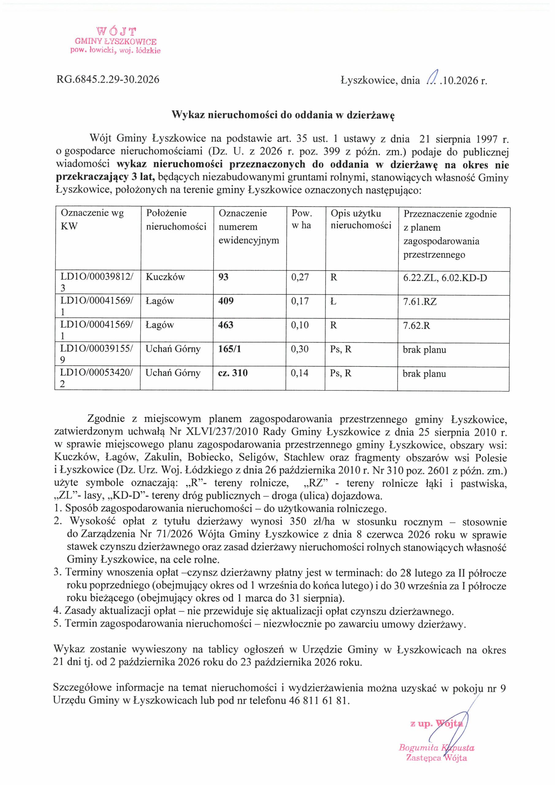 Wykaz nieruchomości przeznaczonych do oddania w dzierżawę RG.6845.2.29-30.2026