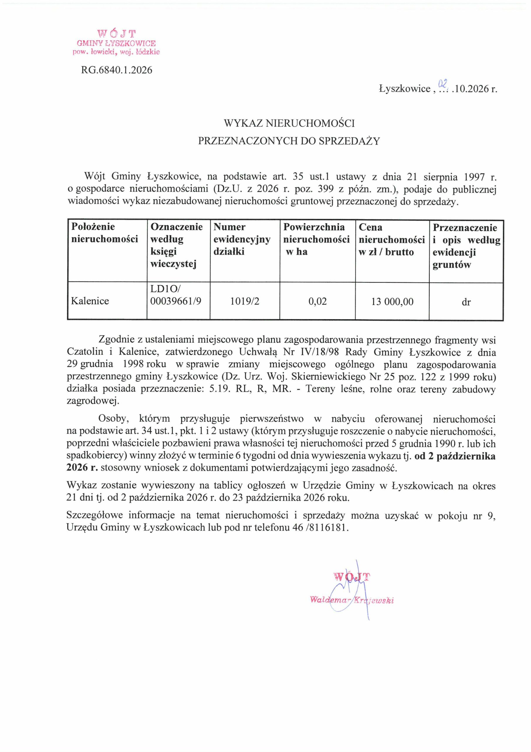 Wykaz nieruchomości przeznaczonych do sprzedaży RG.6840.1.2026