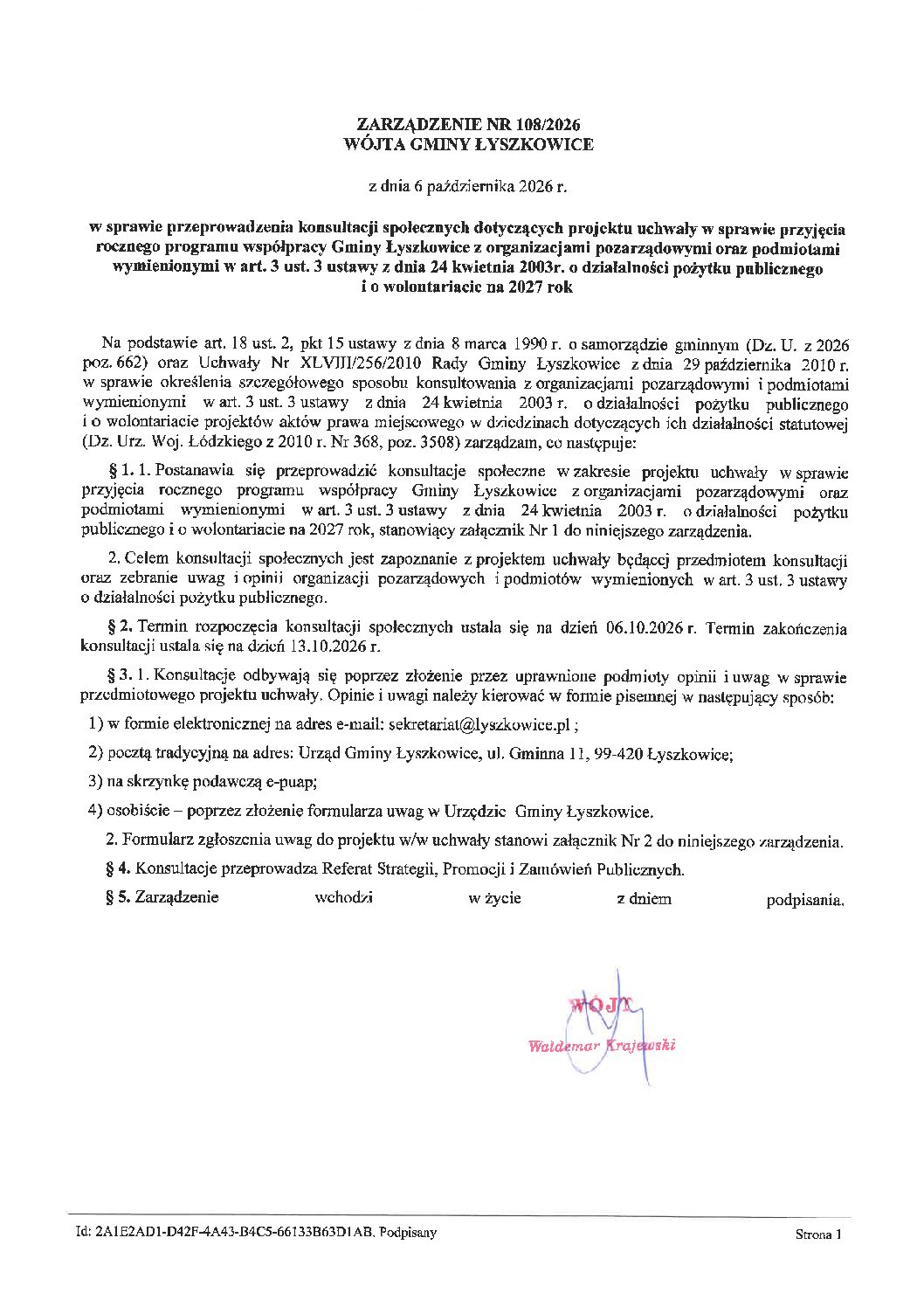 ZARZĄDZENIE NR 108/2026 WÓJTA GMINY ŁYSZKOWICE z dnia 6 października 2026 r. w sprawie przeprowadzenia konsultacji społecznych…