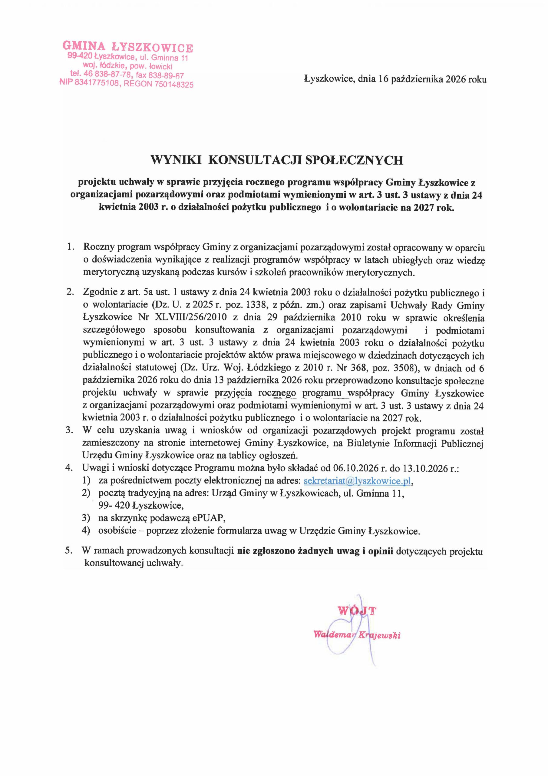 Wyniki konsultacji społecznej